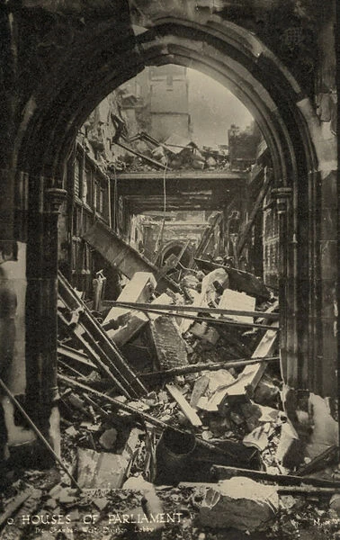 The Houses of Parliament, London, showing bomb damage during WW2 (b  /  w photo)