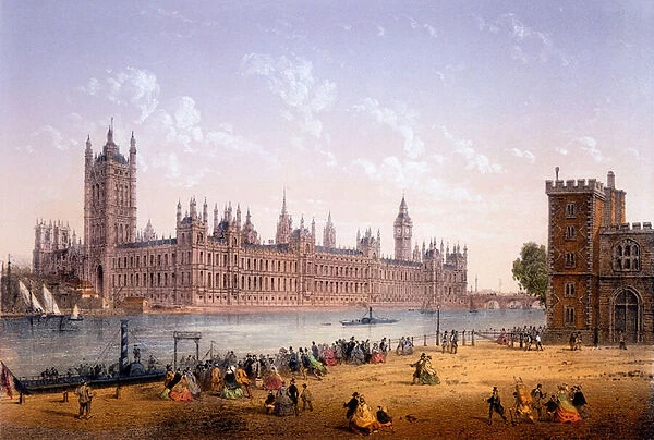 Houses of Parliament from the South Bank, print made by Ch. Riviere, 1862 (colour litho)