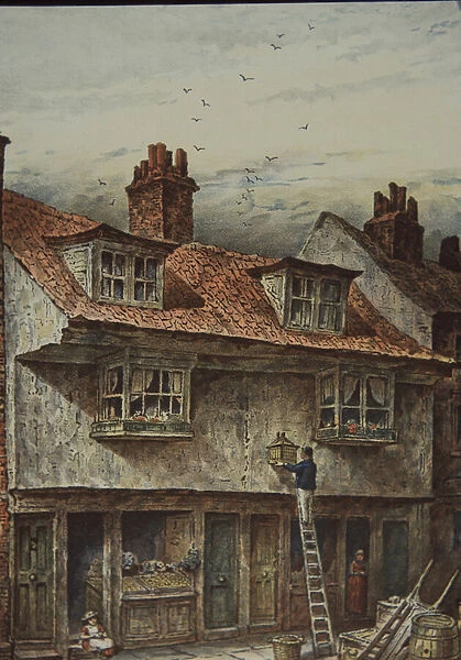 Houses on Saffron Hill, London, between Holborn and Clerkenwell, c. 1883 (colour litho)