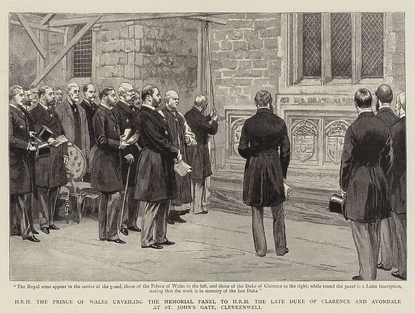 HRH the Prince of Wales unveiling the Memorial Panel to HRH the Late Duke of Clarence and Avondale at St Johns Gate, Clerkenwell (engraving)