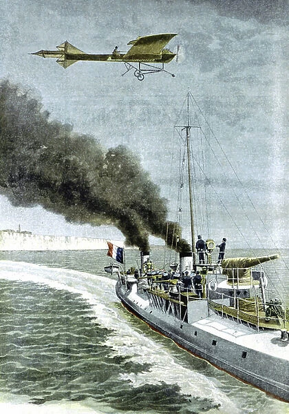 Hubert Latham in an Antoinette monoplane in attempt to fly across English Channel 19 July 1909 (print)