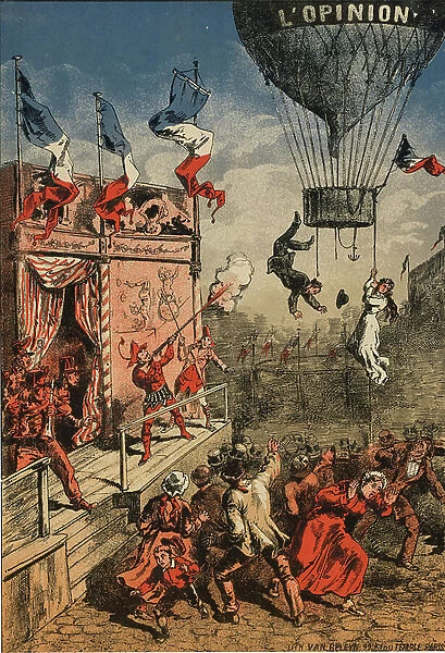 Humorous print of a circus performer on an outdoor stage shooting at a balloon, labelled L'Opinion, as a man leaps from the gondola and a woman clings to a rope, 1870-1900. Entertainment Aeronautics Ballooning