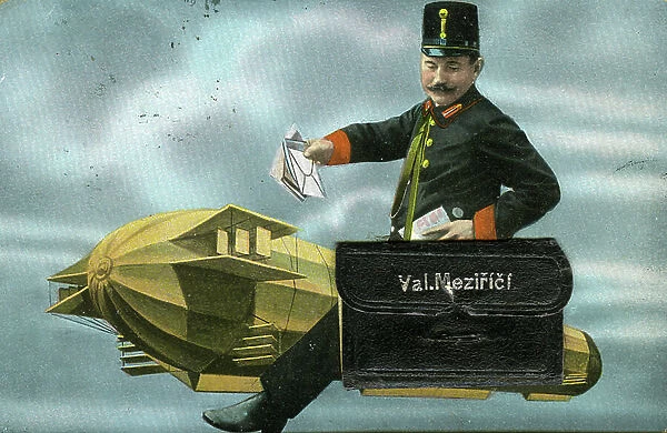 Hungary: Fancy postcard showing a postcard distributing mail on an airship balloon, 1900