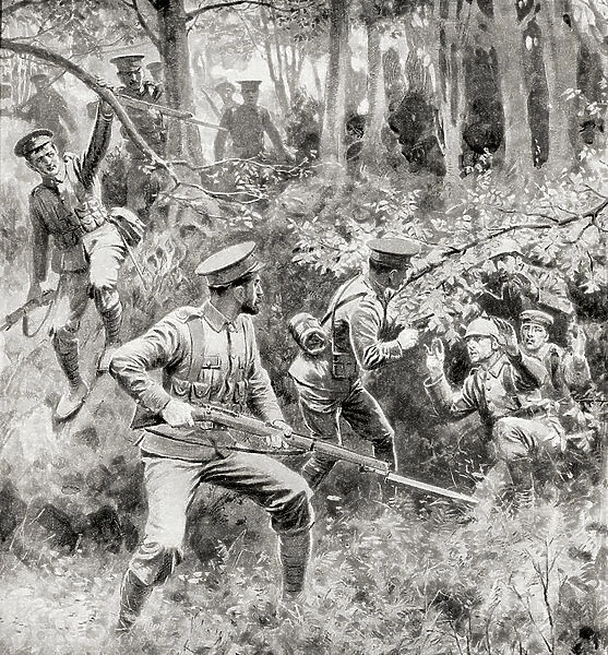 Hungry German soldiers surrender to an inferior British force during WWI (litho)