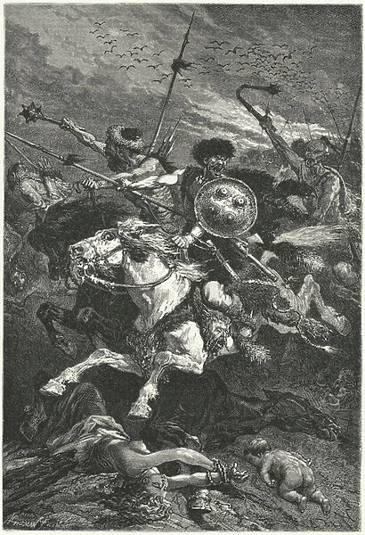 Huns charging at the Battle of Chalons, 451 (engraving)
