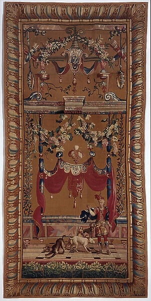 Hunter. Cartons of the curtain created by Jean-Baptiste Monnoyer (Jean-Baptiste Monnoyer, 1636-1699), inspired by Jean Berain pere (1640-1711). Tapestry in low-lice made by the Atelier de Beauvais. Wool and silk. Dim: 260x130cm