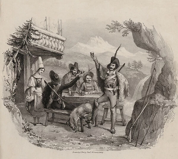 Hunters in the mountains enjoying a drink at a tavern (engraving)