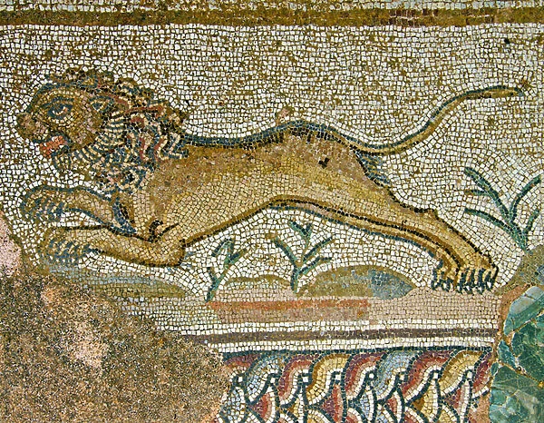 Hunting scene, detail of a lion, House of Dionysos, Paphos, Cyprus (mosaic)