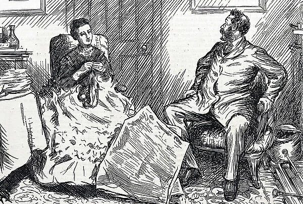 A husband and wife discuss social and political issues in Victorian England, 1874