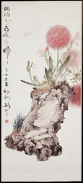 Hydrangea and Rock, 1946 (hanging scroll, ink and colour on paper)