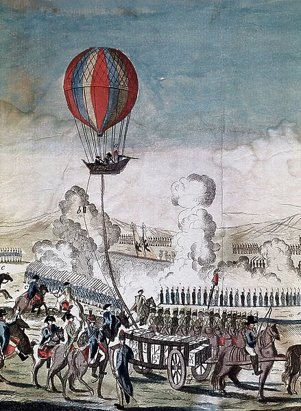 Hydrogen balloon for military use by Jean Marie Joseph Coutelle (1748-1835), 19th century (colour etching)