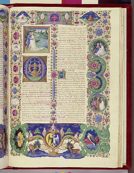 The hymn of hymns: a scene of love between two young men Page of the Bible manuscript of Borso d'Este (1413-1471) (Bibbia, Breviario d'Ercole) (Vol. I, C.112 r) miniature by Taddeo Crivelli (1425-1479), 1455-1461, Biblioteca Estense de Modene