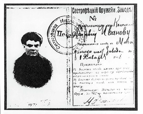 Identity card used by Lenin, in the name of worker Konstantin Ivanov, to evade police in 1917 (b / w photo, pen & ink and print)