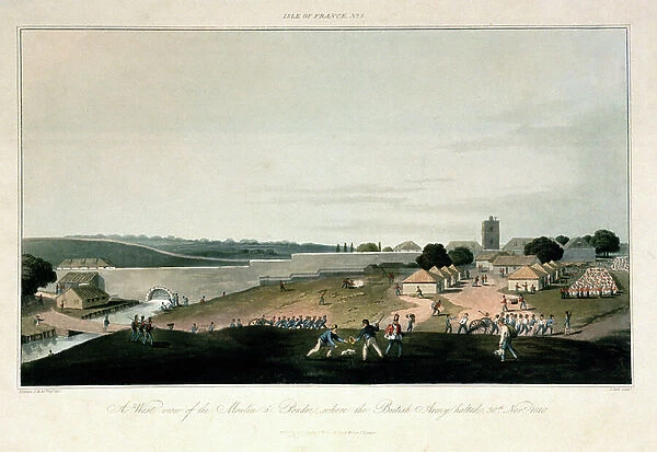 The Ile de France (Mauritius), western view of the mill in Pondre, where the British army remained stationed on 30 November 1810. Etching in colors, 1813, by R.Temple (?)