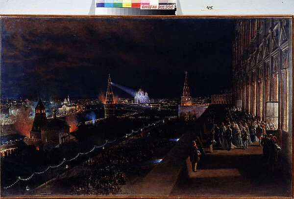 Illuminations du Kremlin de Moscou (Illumination of the Moscow Kremlin). Scene nocturne, depuis la terrasse d un palais, la bourgeoisie est rassemblee pour contempler les eclairages et les jeux de fumigenes du panorama