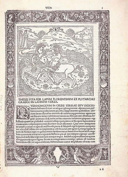 An illustrated page from a Latin edition of Plutarchus Parallel Lives, depicting Theseus fighting a Centaur, 1496 (woodcut)