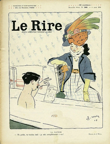 Illustration by Andre Wely (1873-1910) for the Cover of Le Rire, 08 / 08 / 08 - The invoice - Hygiene, Fashion, Hat, Bathtub, Tub