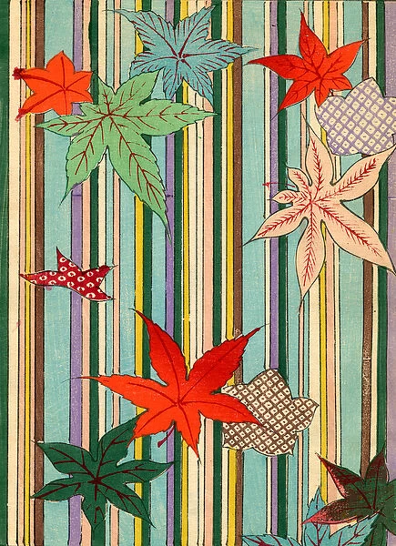 Illustration of Autumn Leaves on a Striped Background, 1880s (colour woodblock print)