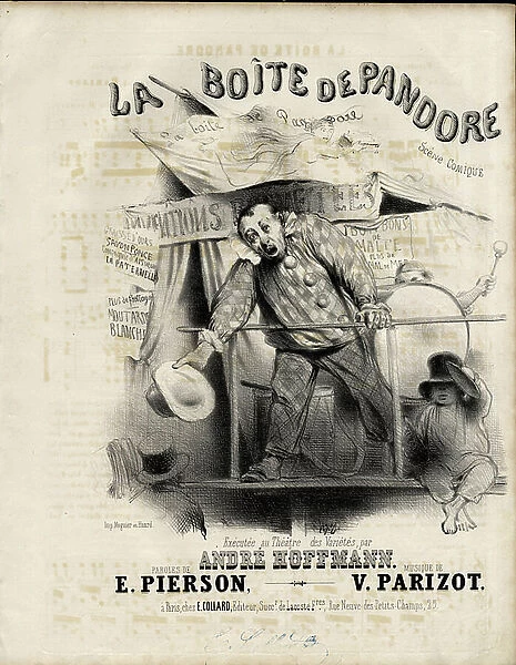 Illustration in ' Chanson illustree', ca. 1840 - Pandora's box - Music, Circus, Percussion - Clown, Camelot seller travelling - BoitePandore