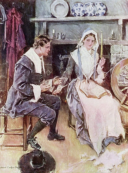 Illustration for The Courtship of Miles Standish by Henry Wadsworth Longfellow (colour litho)