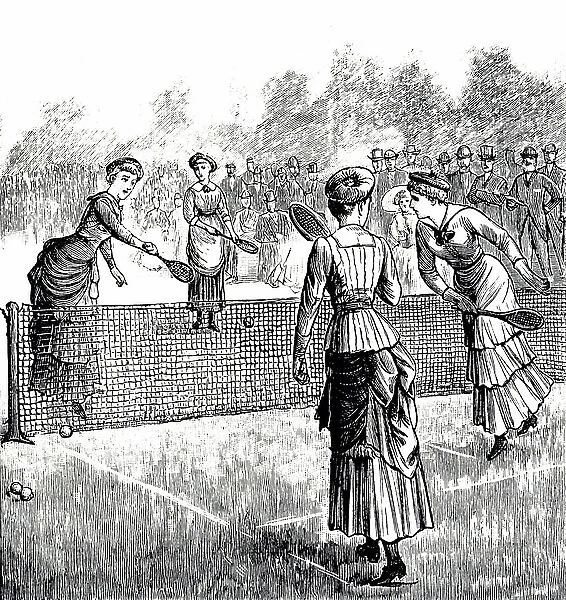Illustration depicting 19th century, ladies doubles Lawn Tennis
