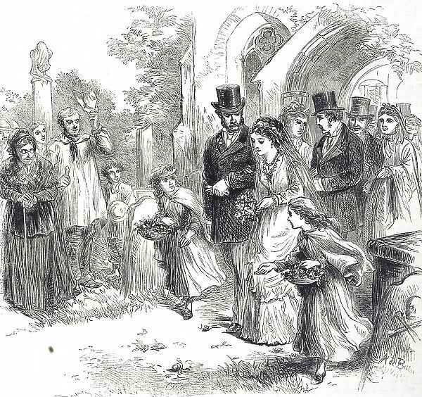 Illustration depicting a bride and groom leaving a church, 19th century