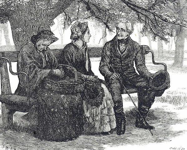 Illustration depicting elderly people sitting on a wooden park bench, 19th century