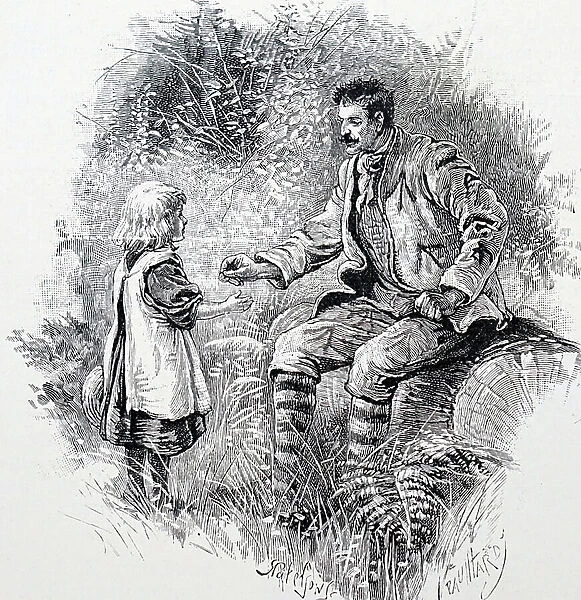 Illustration depicting an escaped convict bribing a child to feed him, 1893 (engraving)