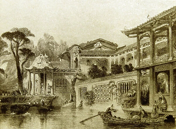 Illustration depicting the house of a rich native merchant in the suburbs of Canton