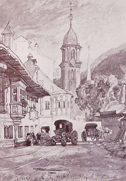 Illustration depicting a street scene in Tyrol by John Sell Cotman
