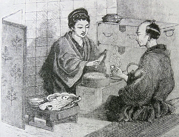 Illustration of a evening meal of a Japanese middle class family, 19th century (print)
