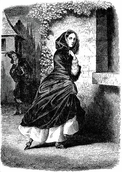 Illustration of the first illustrated edition of Alexandre Dumas's novel The Three Musketeers - Constance Bonacieux epiee by D'Artagnan who is in love with the young woman