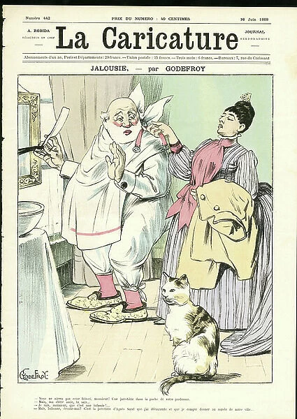 Illustration of Godefroy (1854-1908) for the Cover of La Caricature (1880), 1888-6-16 - Jealousy - Hygiene, Adultere, Jealousy, Pilosite - Cat, Man