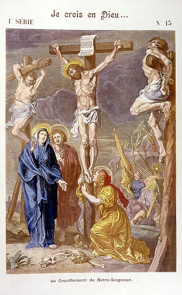 Illustration from the Grand Catechism for Families'. 1907. depicting the Crucifixion of Christ