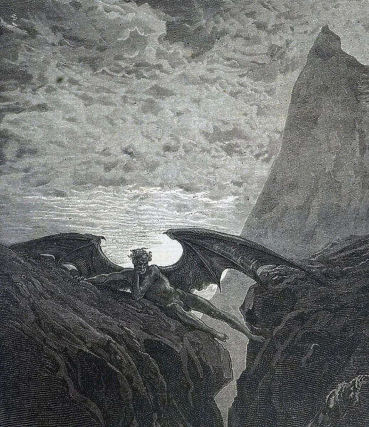 Illustration by Gustave Dore for the 1866 edition of John Milton's Paradise Lost - Satan resting on the mountain