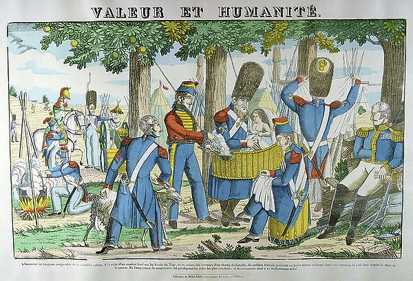 Illustration of an incident during the Peninsular Campaign demonstrating the humanity of French soldiers. 19th century (popular hand-coloured woodcut)