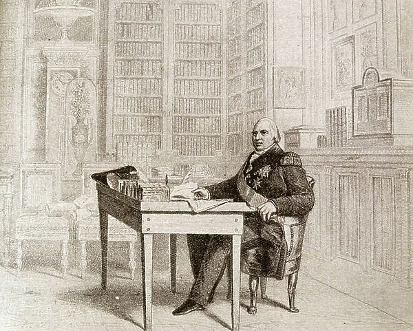 Illustration of King Louis XVIII of France drawing up the Charta at St. Ouen