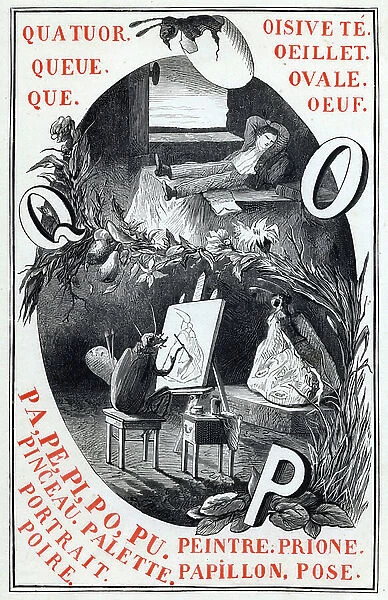 Illustration for Letter O, P and Q 'Alphabet des insectes', 1883 (print)