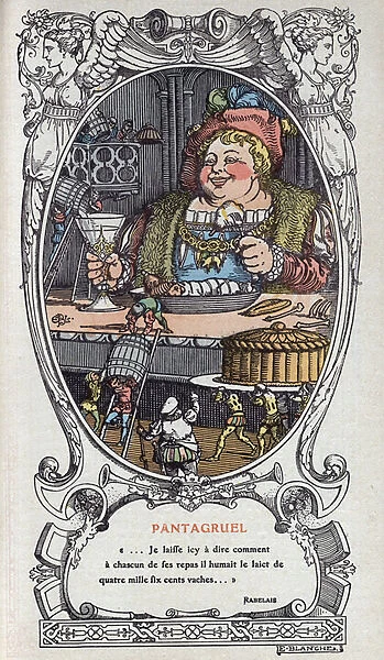 Illustration by Pantagruel by Francois Rabelais (1493-1553): the ogre at the table is eating his meal. Engraving of 1914 by Emmanuel Blanche (1880-1946) Private collection