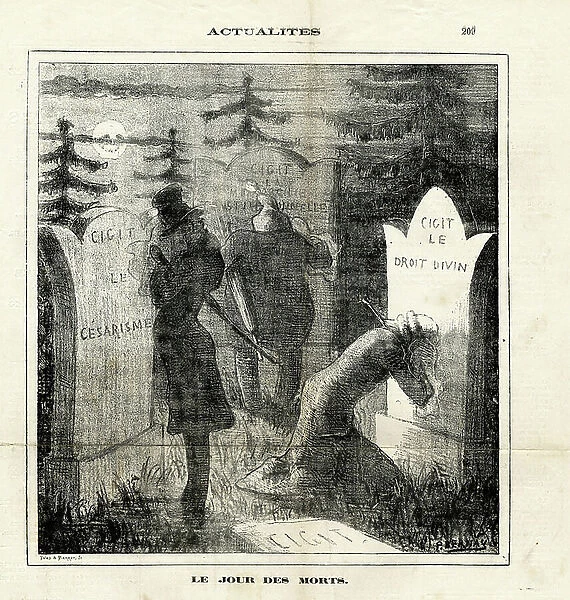 Illustration by Paul Bernay (? -1885) in Le Charivari, 1872-11-1 - Day of the Dead - Republican Republique, Monarchy, Cemetery, Political Right - Bonapartist Bonapartism, Legitimist Legitimism, Orleanist Orleanism