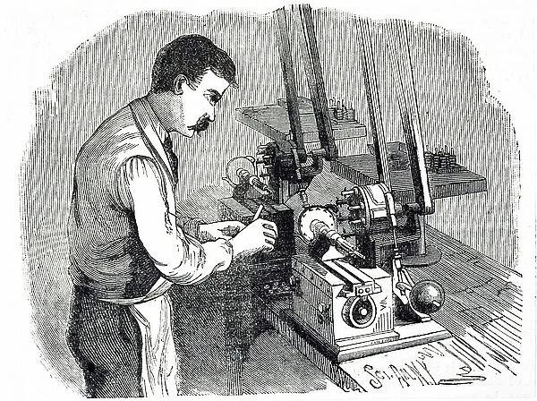 Illustration showing a male worker, at the American Watch Company, in their factory at Waltham, Mass. 1885