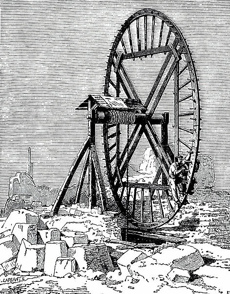 Illustration showing man using a treadmill to raise stone blocks. 1896; Leipzig