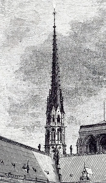 Illustration showing St. Elmo's fire on the tip of the cross on Notre Dame Cathedral, Paris; 1891. St. Elmo's fire (also St. Elmo's light, is a weather phenomenon in which luminous plasma is created by a coronal discharge from a sharp or pointed)