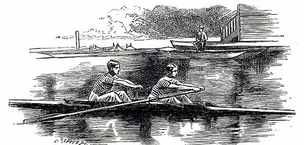 Illustration showing students in practice for the Boat Race, 1895. The Boat Race is an annual rowing race between the Oxford University Boat Club and the Cambridge University Boat Club