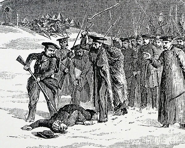 Illustration titled Exile depicting Russia citizens sentenced to exile being taken on their journey to Siberia to begin their sentences, 1874 (engraving)