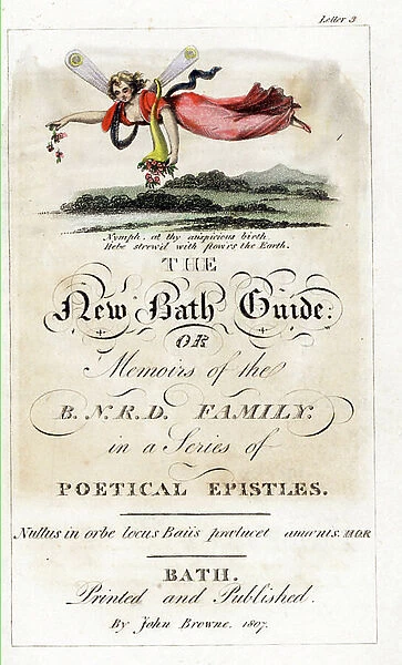 Illustree title page of the goddess Hebe (or Juventas) dispersing flowers on Earth - Eau forte by Francis Eginton (1737-1805), from The new guide of Bath or Memorials of the Blunderhead family