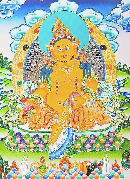 Image depicting Dzambhala, the yellow Dzambhala is the manifestation of the Buddha Ratnasambhava symbolising wealth in the materialistic world (gouache on cloth)