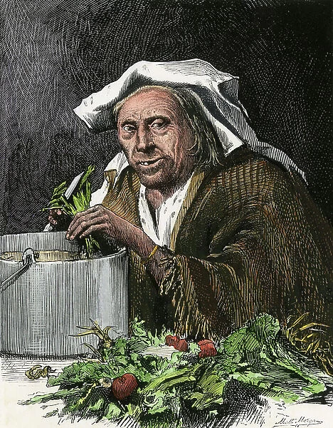An immigrant preparing soup, circa 1870. An American Italian grandmother preparing vegetable for dinner. 19th century lithography