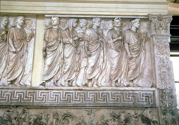 The Inaugural Sacrificial Procession, relief frieze on the exterior of the north or south wall of the altar, 13-9 BC (carrara marble) (see also 91211)