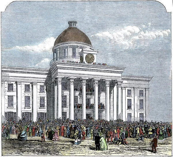 Inauguration of President Jefferson Davis at the head of the Confederate States of America (ECA) at Montgomery City Hall, Alabama, 1861. Colourful engraving of the 19th century